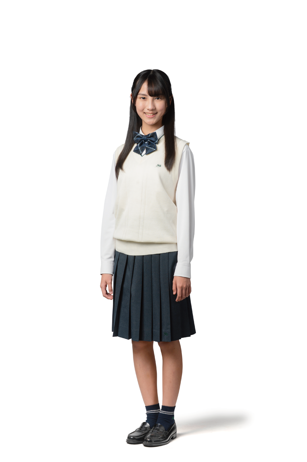 白のベストを着た高校生女子の画像