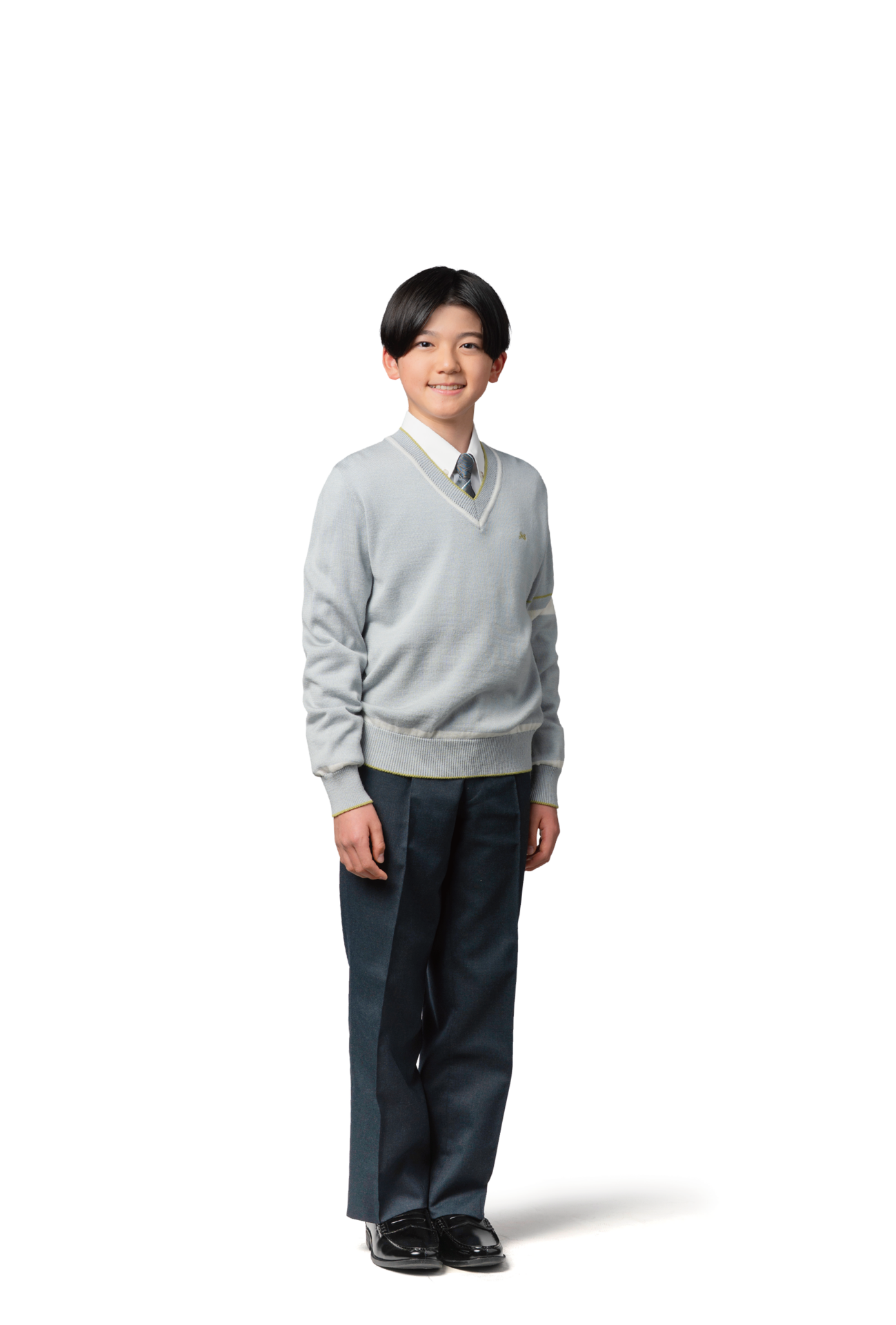 グレーのセーターを着た中学生男子の画像